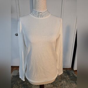 Carmen Marc Valvo Cream Top with Embellished Collar